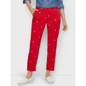 Talbots Womens 4 Petite Red Chinos Twill Frenchie Dog Embroidered Pants NEW